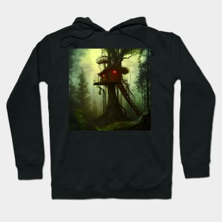 Magical Cottage Tree House with Lights in Forest with High Trees, Scenery Nature Hoodie